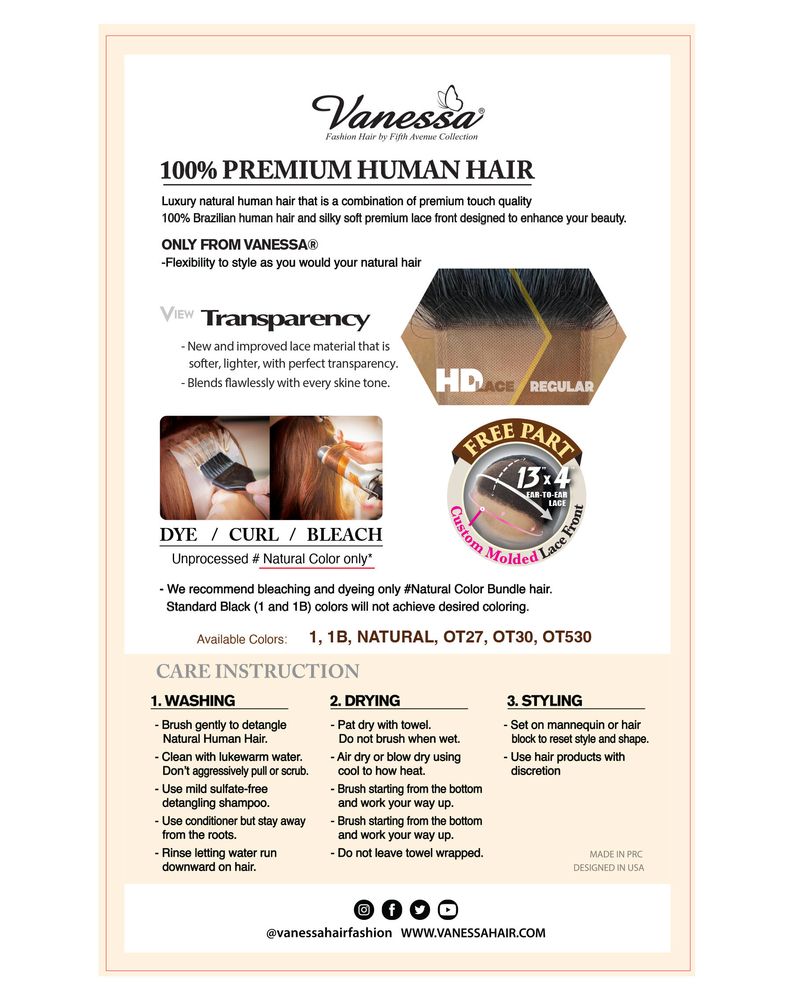 Vanessa H134 Hanna Premium Brazilian 100% Human Hair HD Lace Front Wig – 13" x 4" Free Part Custom Molded Sleek Bob