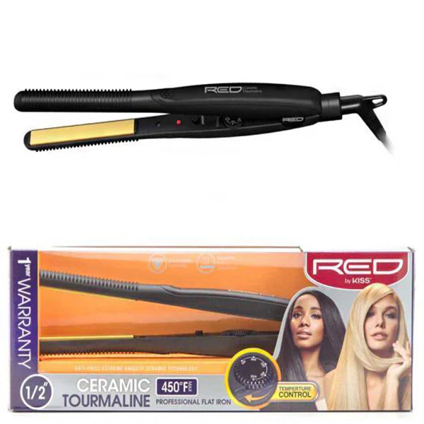 Red by Kiss Ceramic Tourmaline Professional Flat Iron with Temperature Control, 1/2 Inch (Max 450°F)