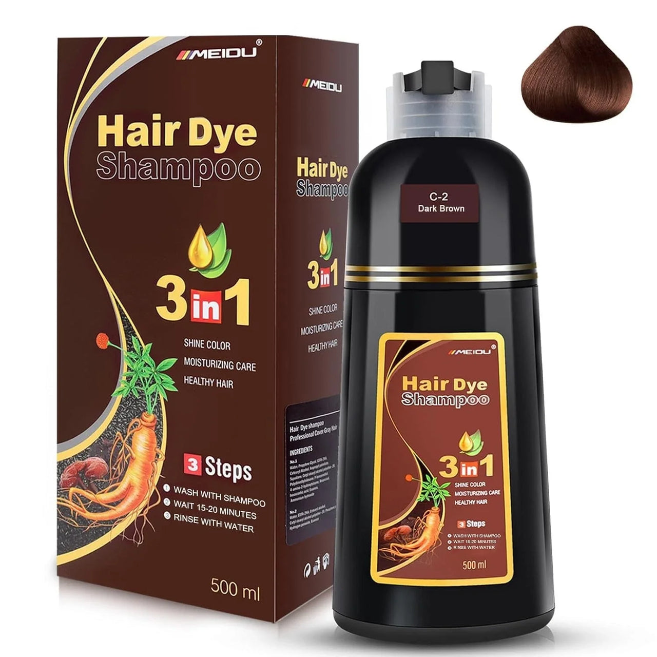 Meidu Dark Brown Hair Dye Shampoo (3 in 1) 500 Ml - Elevate Styles