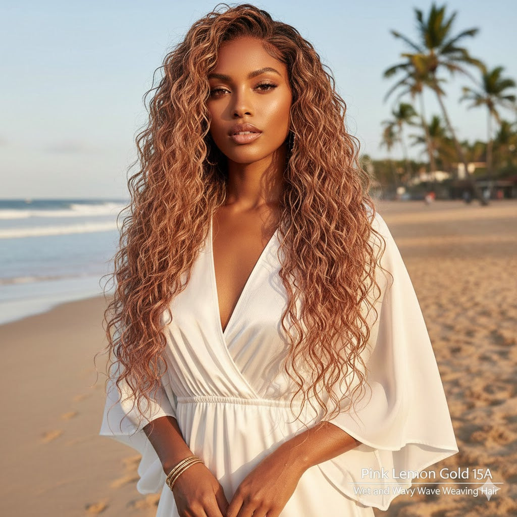 Pink Lemon Gold 15A Wet and Wavy Water Wave Weaving Hair Natural Thick Blowout Texture Water – Multi Length Pack