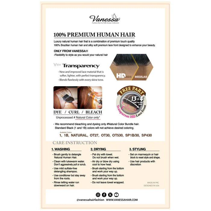 Vanessa H134 Centis Premium Brazilian 100% Human Hair Glueless HD Lace Front Wig (13" x 4" Free Part)