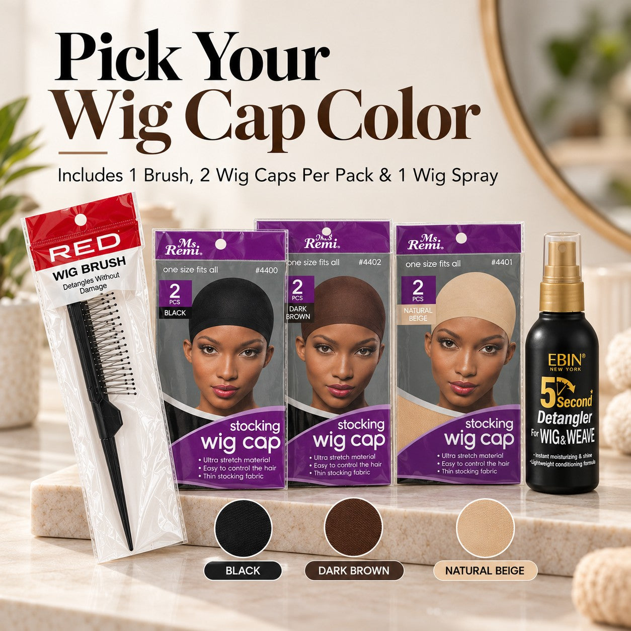 Wig Cap Essentials Kit with RED wig brush, Ms. Remi stocking wig caps in Black, Dark Brown and Natural Beige, and Ebin 5 Second Detangler
