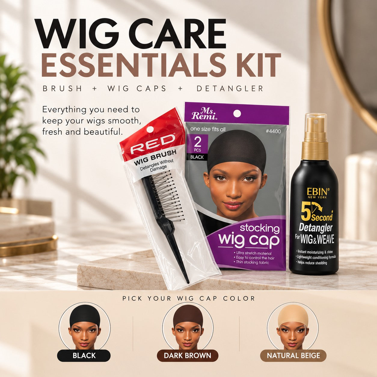 Wig Care Essentials Kit with RED wig brush, Ms. Remi stocking wig cap and Ebin 5 Second Detangler, wig cap colors Black, Dark Brown and Natural Beige