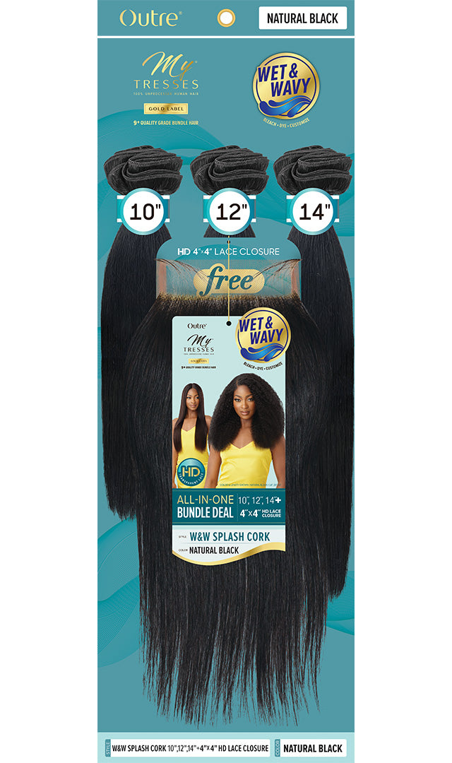 Outre Mytresses Gold Label 100% Human Hair Wet N Wavy 3 Bundle + 4x4 Closure Splash Cork - Elevate Styles