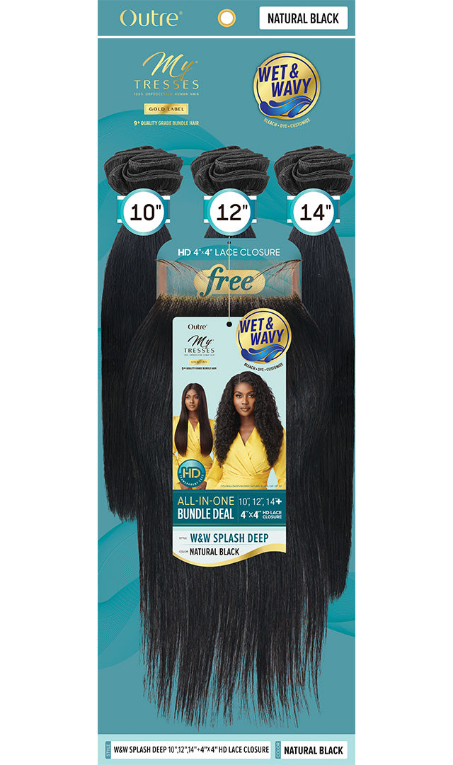 Outre Mytresses Gold Label 100% Human Hair Wet N Wavy 3 Bundle + 4x4 Closure Splash Deep - Elevate Styles