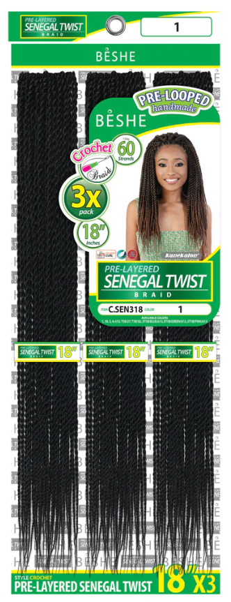 Beshe 3x Pack 18" Pre-Layered Senegal Twist Braid C.SEN218 COLOR 3T1BBLUE613 - Elevate Styles